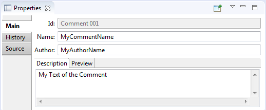 Main tab of Properties view for comment