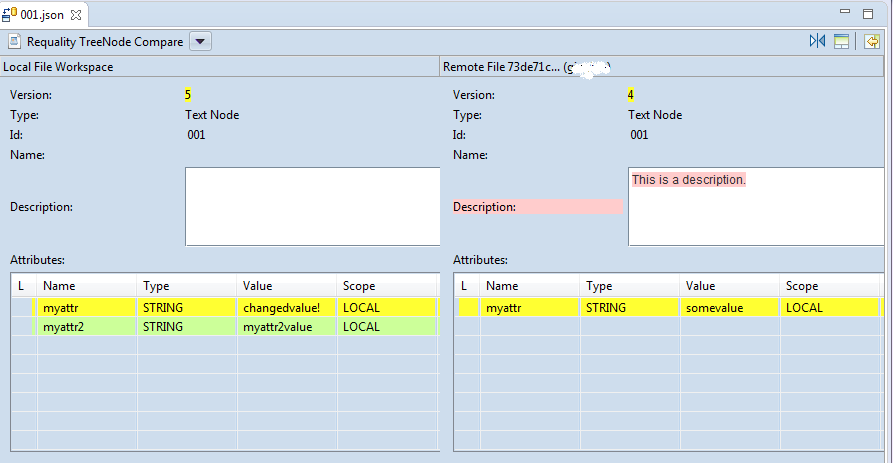 Comparison window in the 'Team Synchronizing' perspective