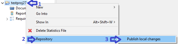 Calling the context menu to upload a project to the repository