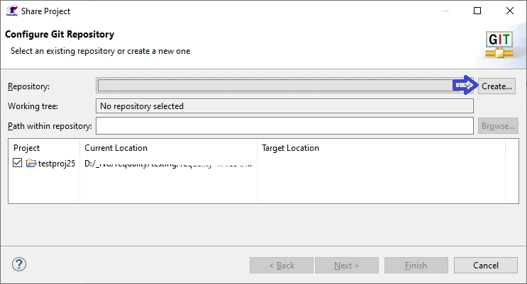 The window for choosing the repository