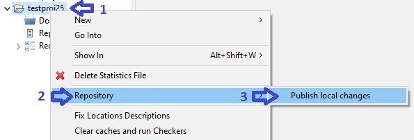 Calling the context menu to upload a project to the repository