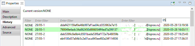 Applying the filter in the 'History' window