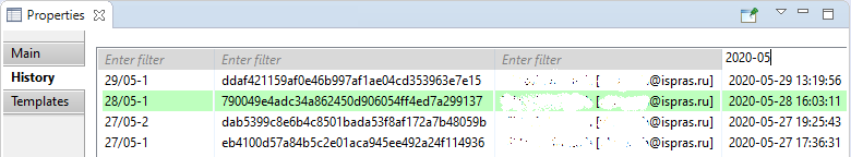 Applying the filter in the 'History' window