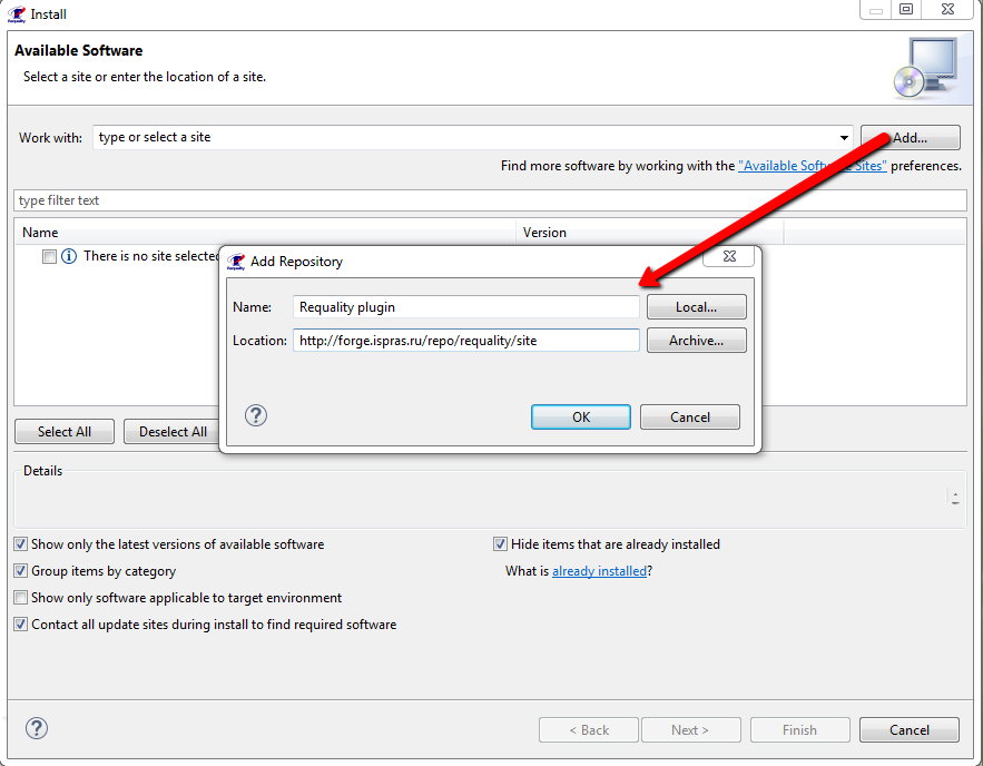 Add Repository dialog for update-site address