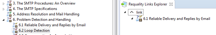 'Requality Links Explorer view, inbound link to linking node