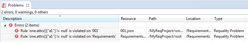 The 'Problems' window after applying the validation rule