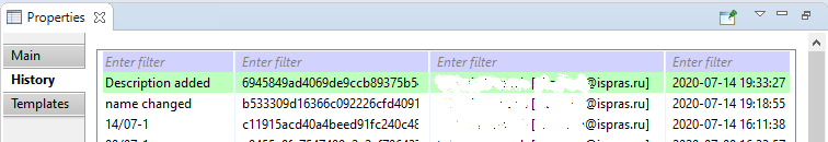 The History tab of the Properties window for the Requality project