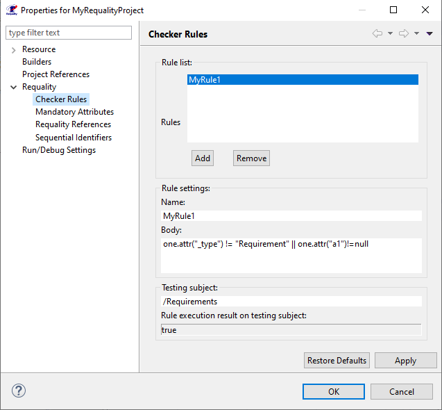 Requality project settings dialog: Checker Rules