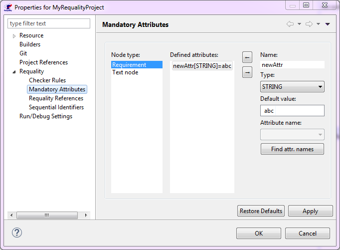 Requality project settings dialog: Mandatory Attributes