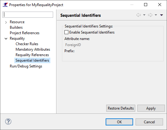 Requality project settings dialog: sequential identifiers