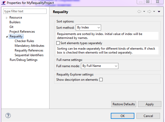 Requality project settings view: sorting