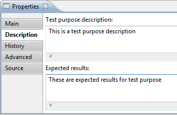 'Description' tab in 'Properties' view for test purpose