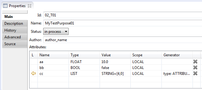 'Main' tab in 'Properties' view for test purpose