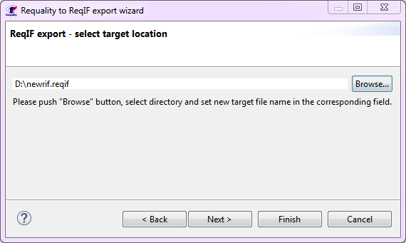 Selecting the target folder for export requirement catalog to ReqIF format