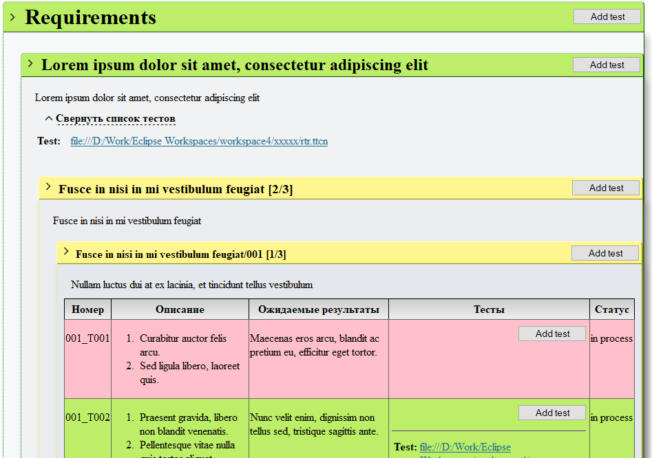 Appearance of the 'Requirements coverage analysis' report: example, part 2