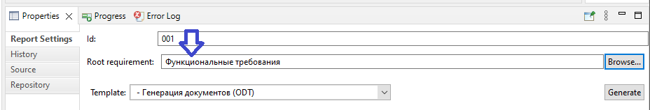A non-root node is selected as target requirement