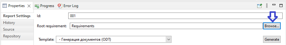 Selection of the target requirement for generation report based on its subtree