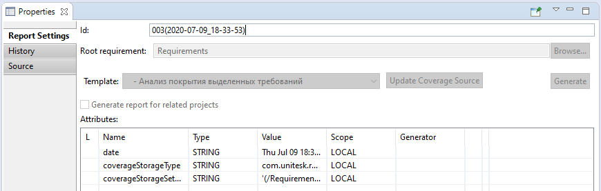 Properties view for Report