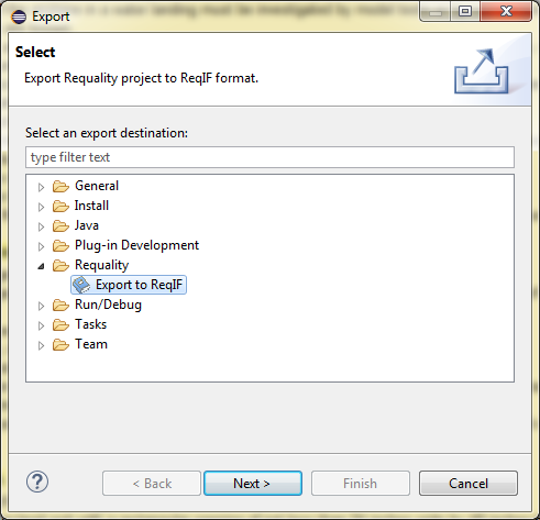 Calling the window for export requirement catalog to ReqIF format