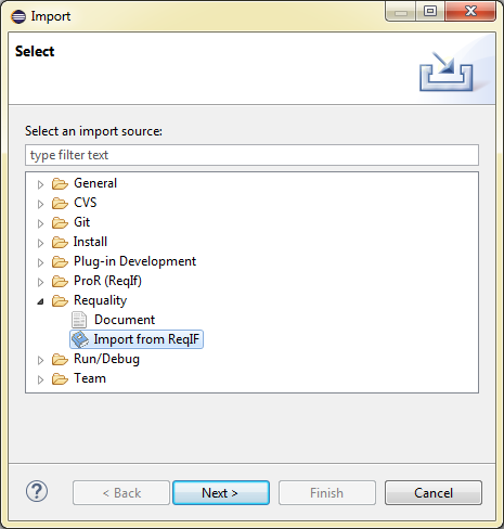 Import from ReqIF-format selection 
