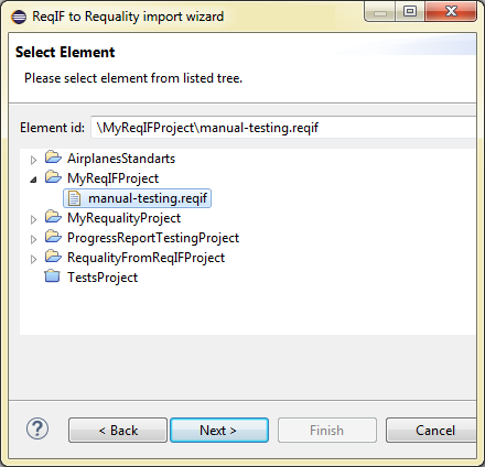 Select file to import from ReqIF-format