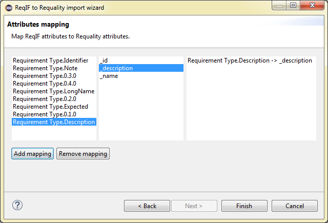 Set mapping between attributes of ReqIF and Requality formats