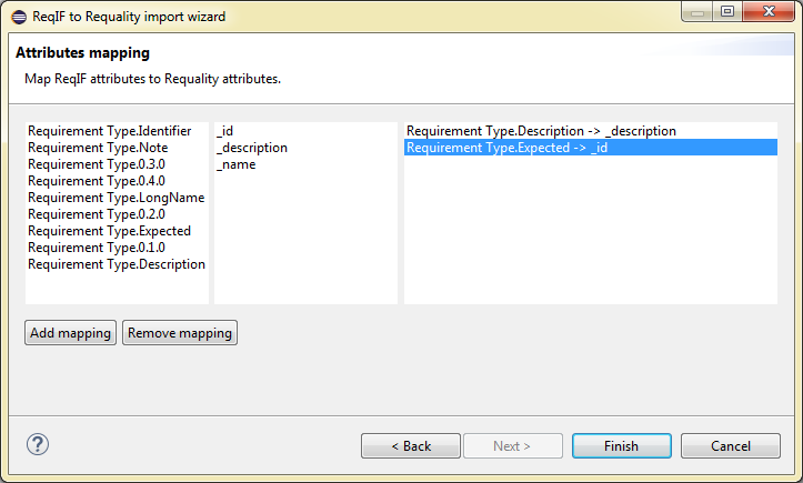 Remove mapping between attributes of ReqIF and Requality formats