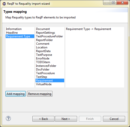 Set mapping between types of ReqIF and Requality formats