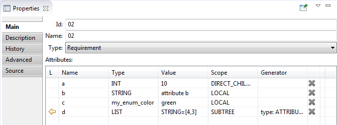 Main tab in Properties view for requirement
