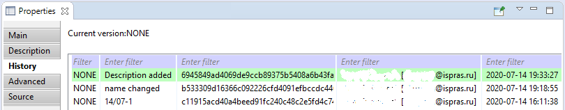 The History tab of the Properties window for a requirement
