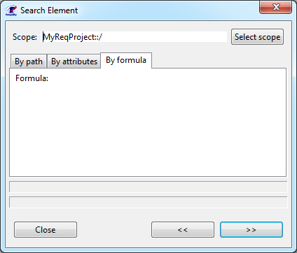 Search dialog window 'Search Element': the 'By formula' tab