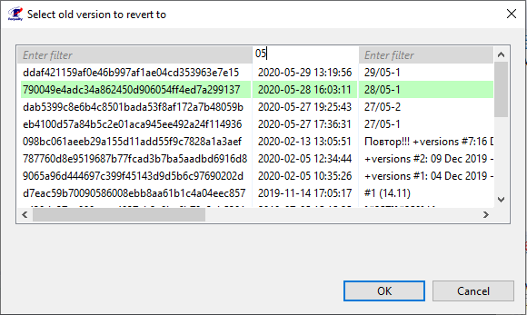 Applying the filter in the 'Select old version to revert to' window