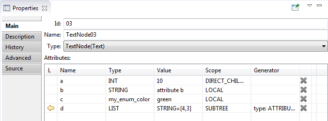 'Main' tab of 'Properties' view for text node