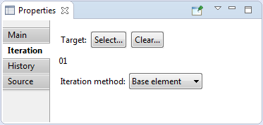 Iteration tab of Properties view for virtual node, Base element method is selected