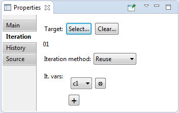 Iteration tab of Properties view for virtual node, Reuse method is selected